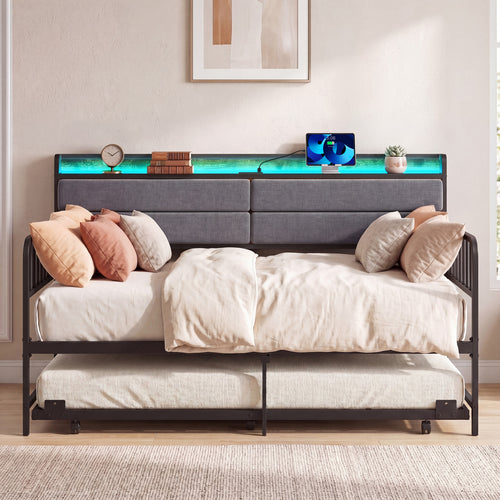 Twin Size Daybed With Trundle, Metal Frame, Headboard, Rustic Brown