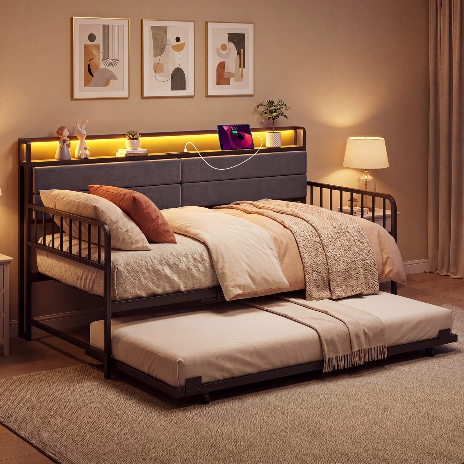 Twin Size Daybed With Trundle, Metal Frame, Headboard, Rustic Brown Trundle Bed Frame at Gallery Canada