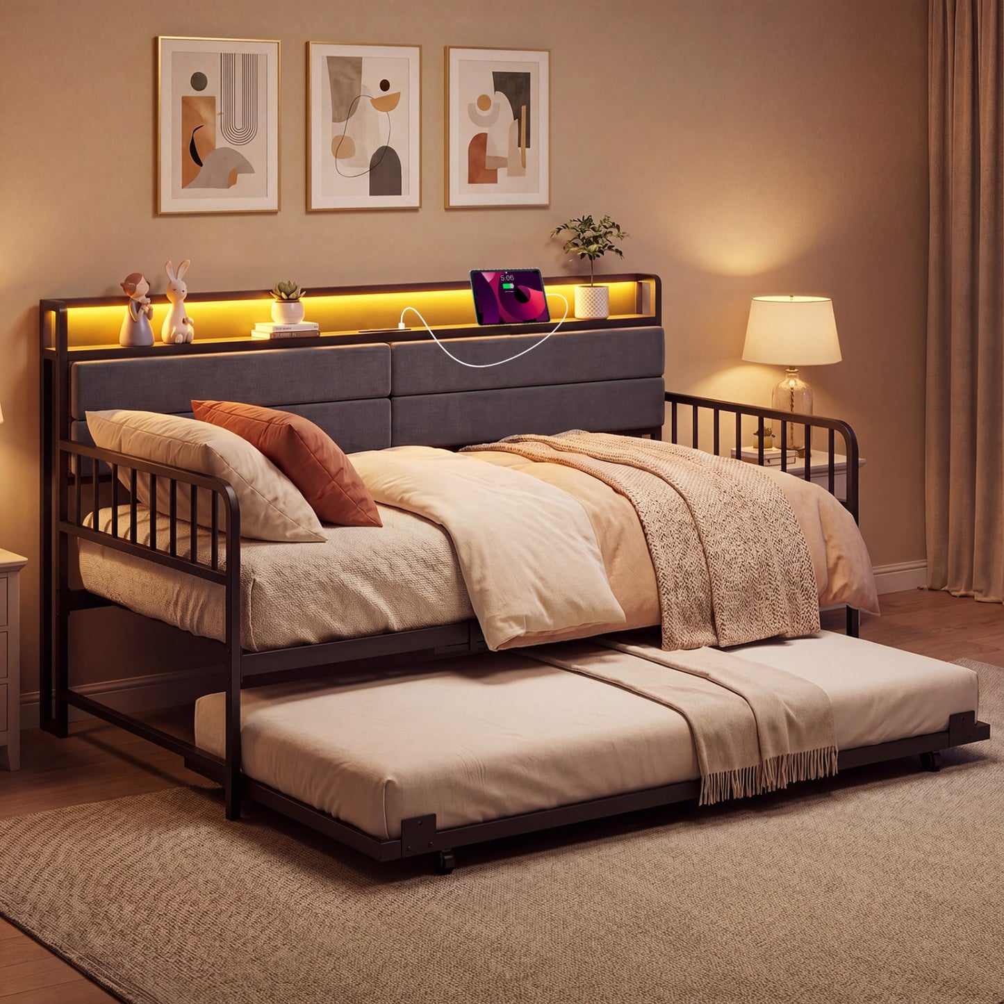 Twin Size Daybed With Trundle, Metal Frame, Headboard, Rustic Brown Trundle Bed Frame at Gallery Canada