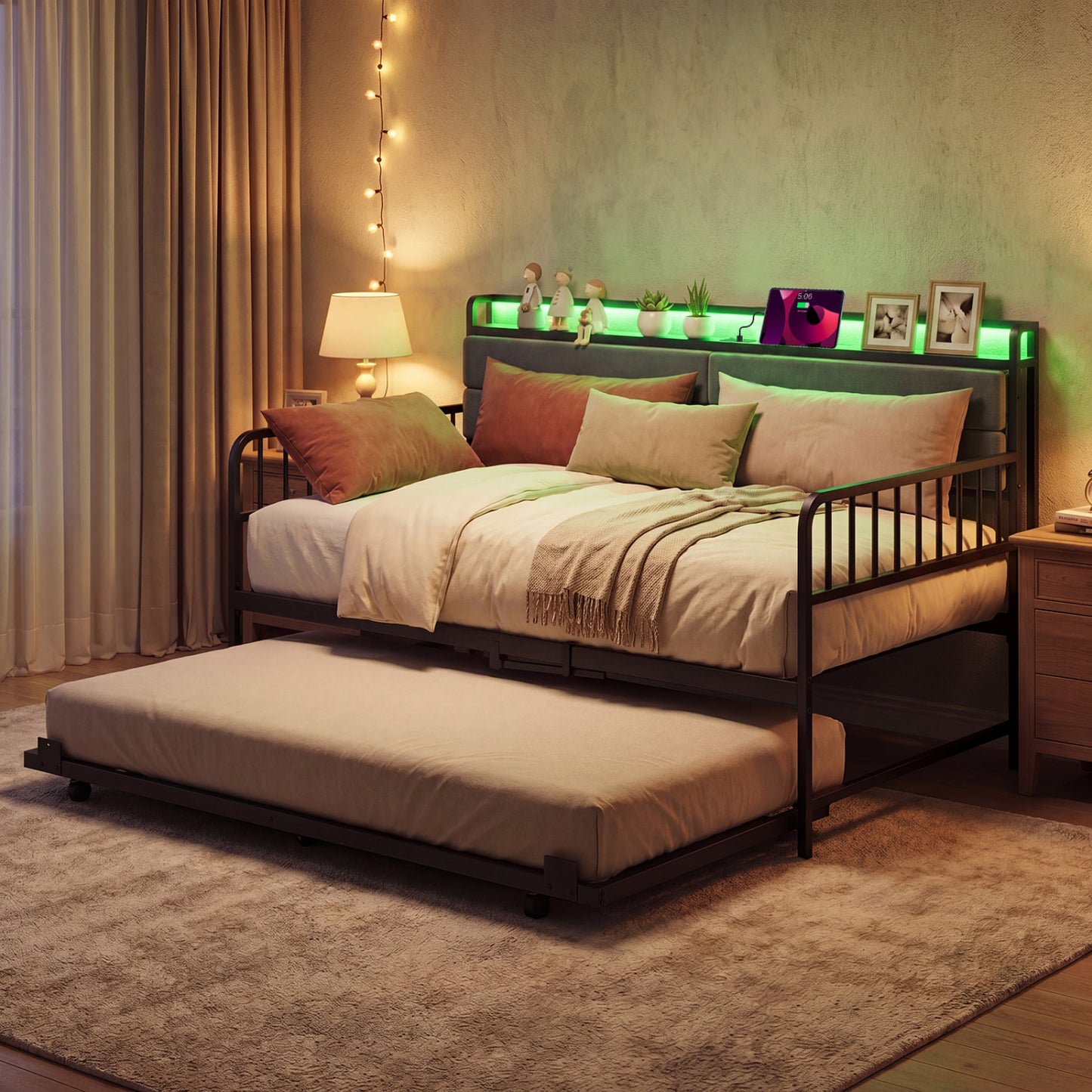 Twin Size Daybed With Trundle, Metal Frame, Headboard, Rustic Brown Trundle Bed Frame at Gallery Canada