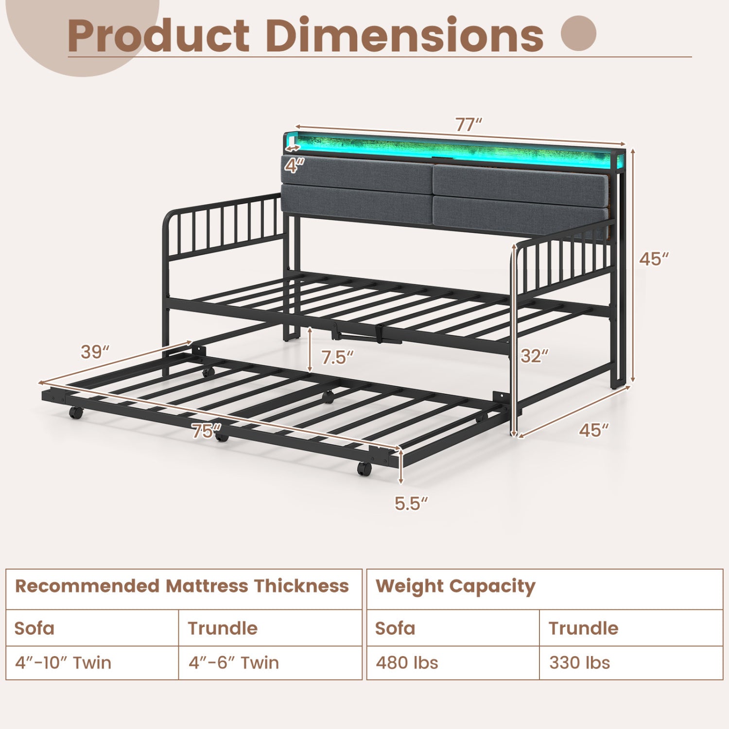 Twin Size Daybed With Trundle, Metal Frame, Headboard, Rustic Brown Trundle Bed Frame at Gallery Canada