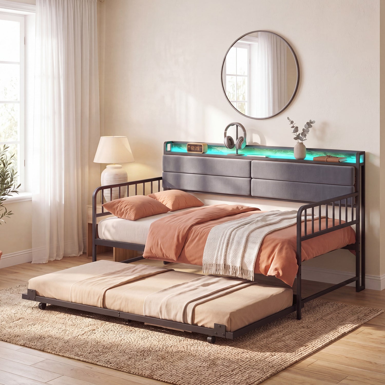 Twin Size Daybed With Trundle, Metal Frame, Headboard, Rustic Brown Trundle Bed Frame at Gallery Canada