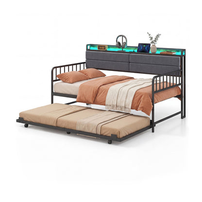 Twin Size Daybed With Trundle, Metal Frame, Headboard, Rustic Brown Trundle Bed Frame Rustic Brown at Gallery Canada