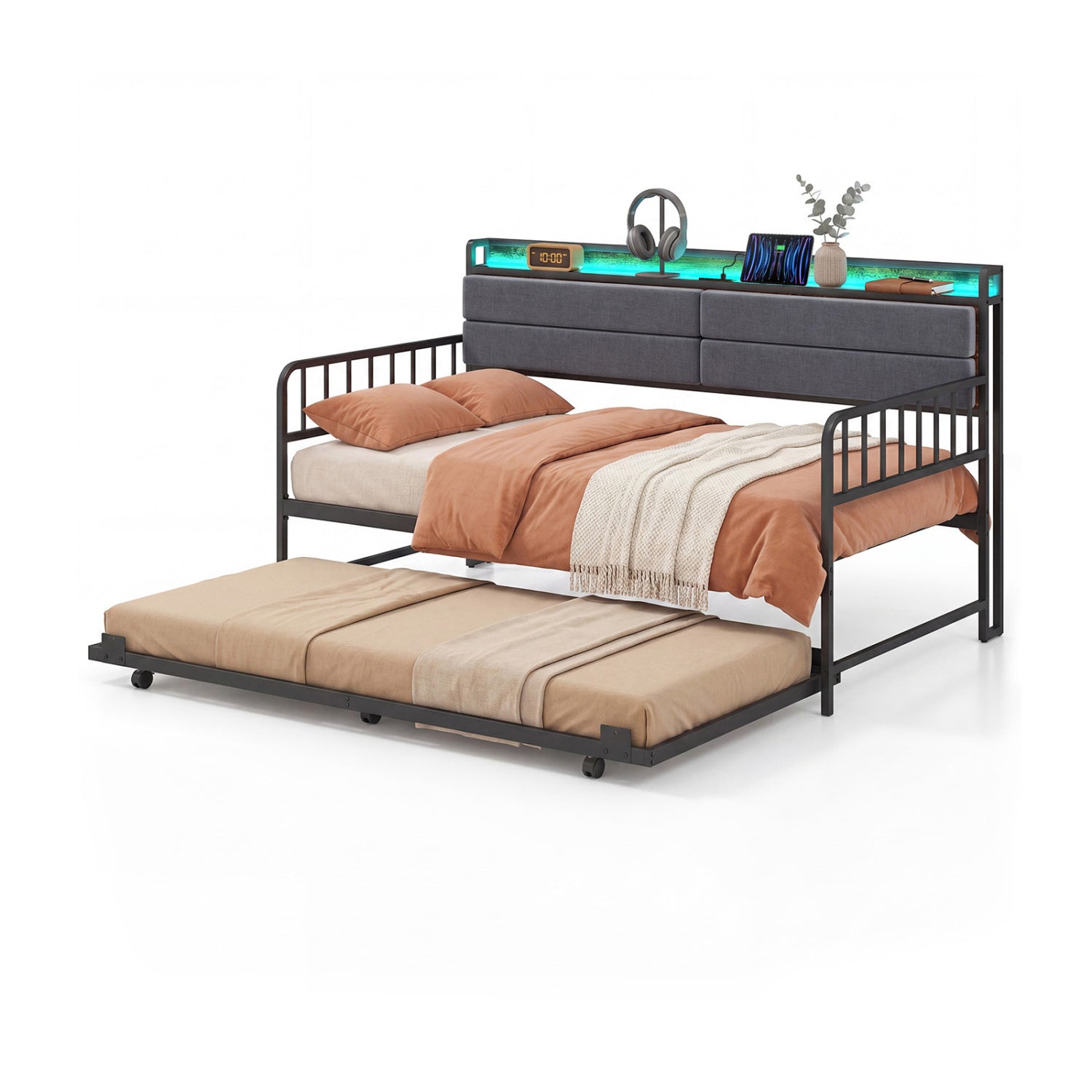 Twin Size Daybed With Trundle, Metal Frame, Headboard, Rustic Brown Trundle Bed Frame at Gallery Canada