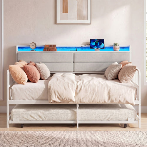 Twin Daybed With Trundle, Metal Frame, Headboard, White
