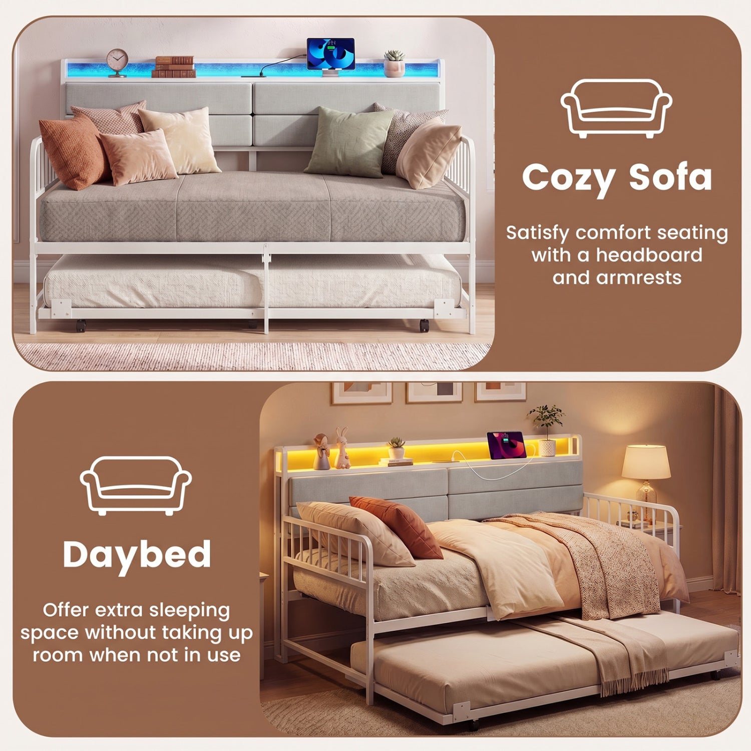 Twin Daybed With Trundle, Metal Frame, Headboard, White Trundle Bed Frame at Gallery Canada