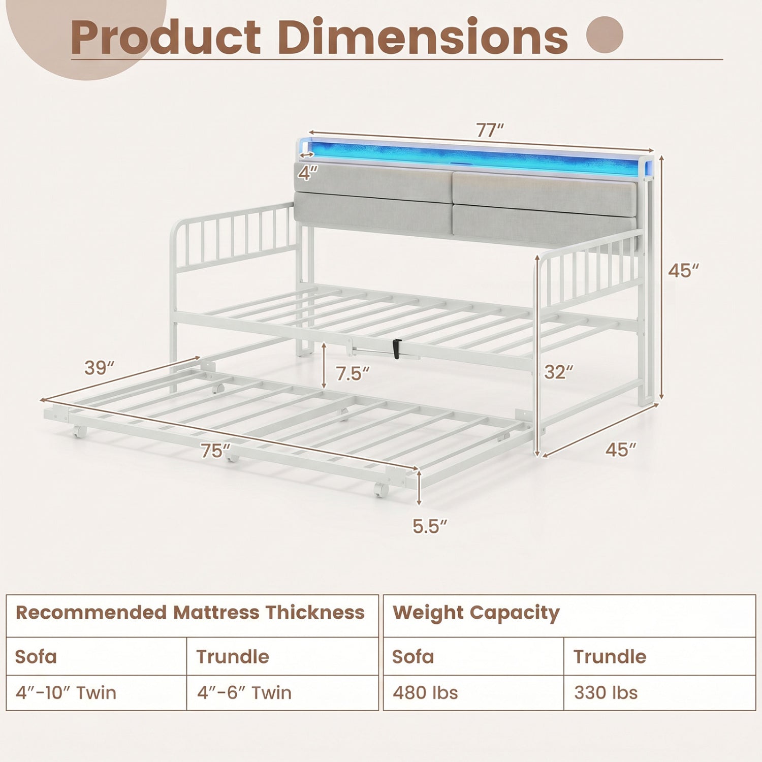 Twin Daybed With Trundle, Metal Frame, Headboard, White Trundle Bed Frame at Gallery Canada