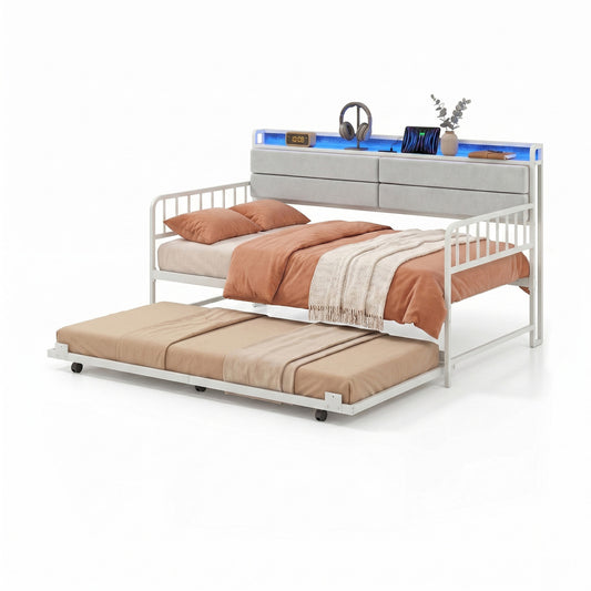 Twin Daybed With Trundle, Metal Frame, Headboard, White Trundle Bed Frame White at Gallery Canada