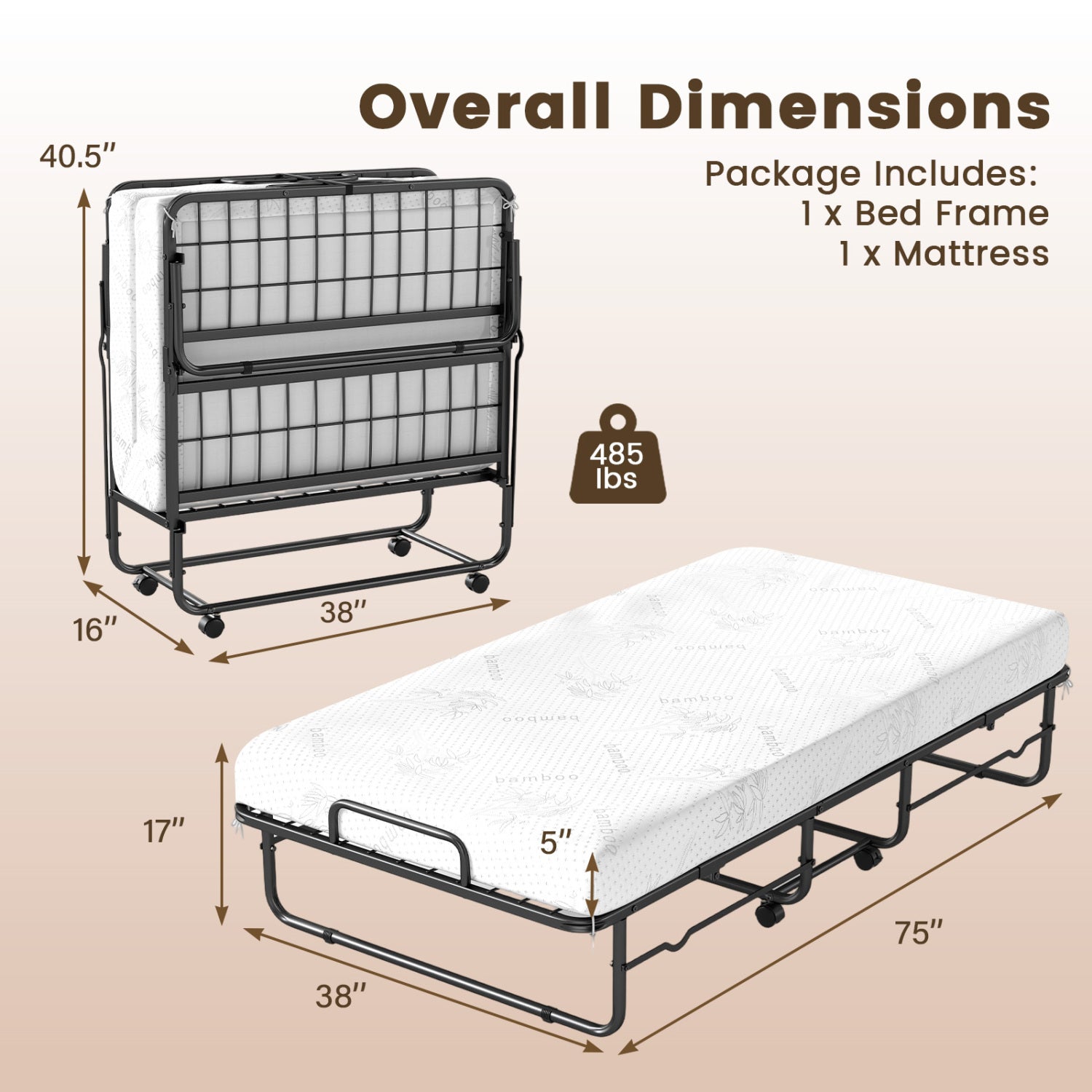 Twin Size Folding Bed, 5-Inch Mattress, Metal Frame Folding Beds at Gallery Canada