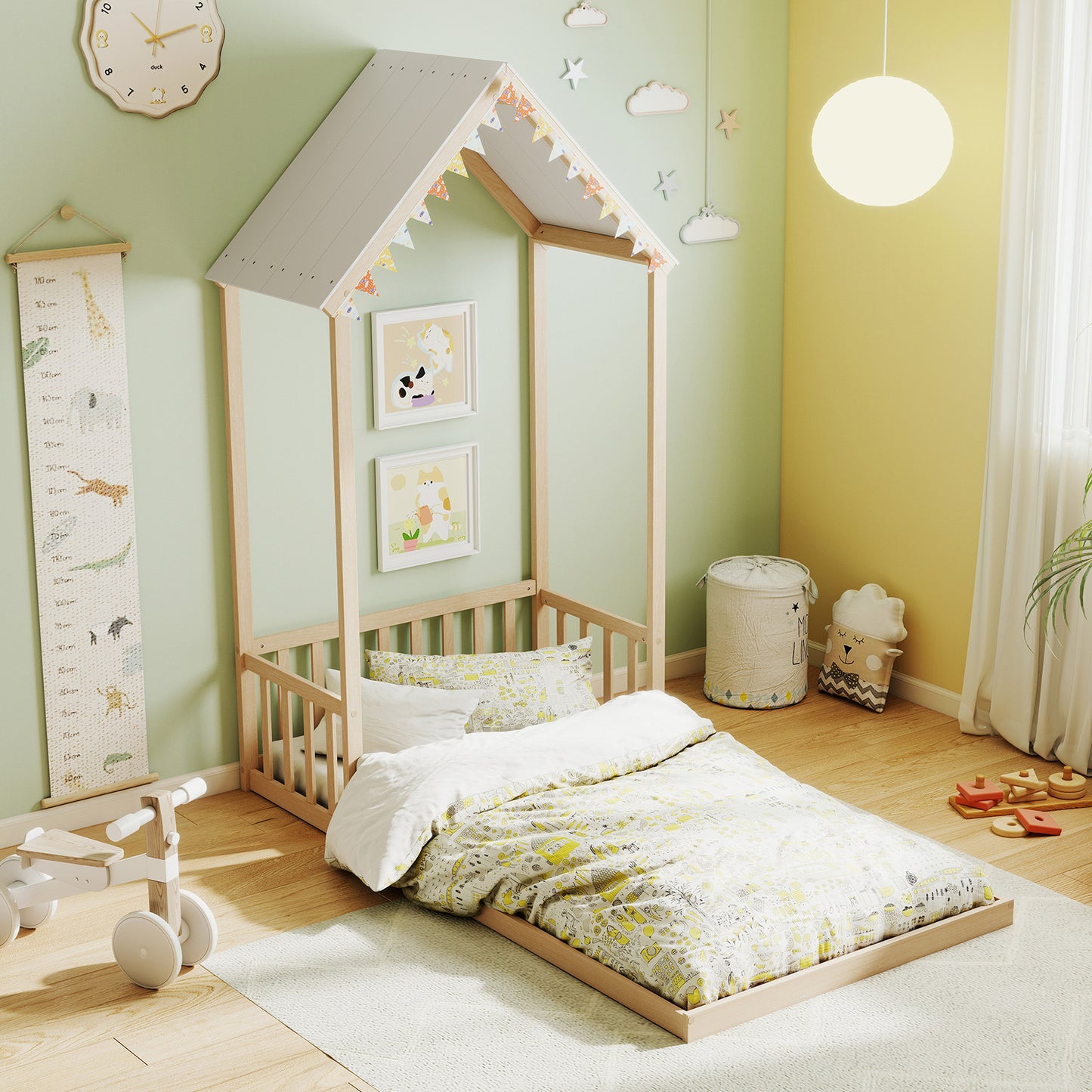 Twin Size House Bed with House Shape Roof and Semi-Fence, Natural Toddler Beds at Gallery Canada
