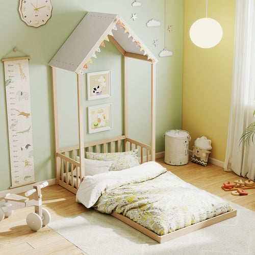 Twin Size House Bed With Roof, Semi-Fence, Natural