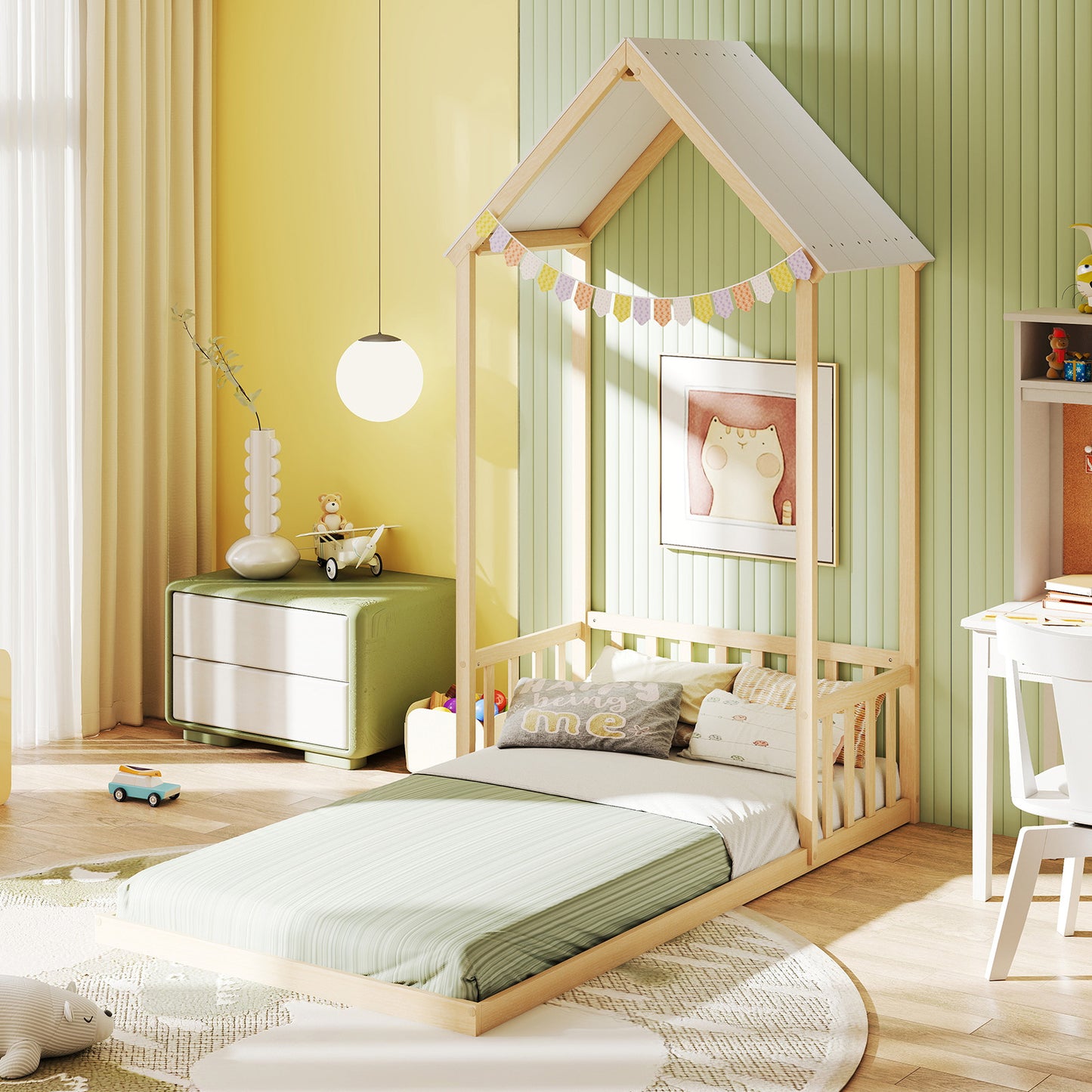 Twin Size House Bed with House Shape Roof and Semi-Fence, Natural Toddler Beds at Gallery Canada