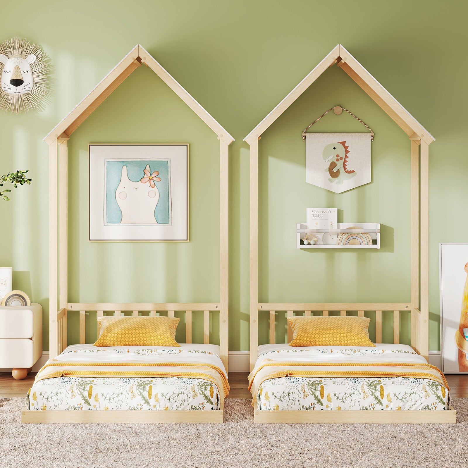 Twin Size House Bed with House Shape Roof and Semi-Fence, Natural Toddler Beds at Gallery Canada