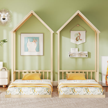 Twin Size House Bed with House Shape Roof and Semi-Fence, Natural Toddler Beds at Gallery Canada