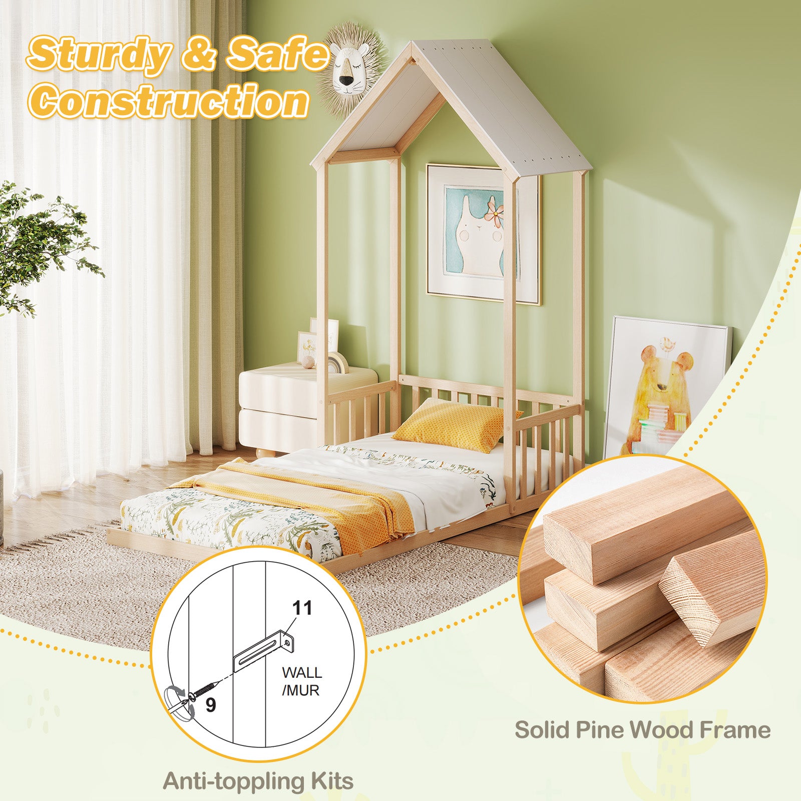 Twin Size House Bed with House Shape Roof and Semi-Fence, Natural Toddler Beds at Gallery Canada