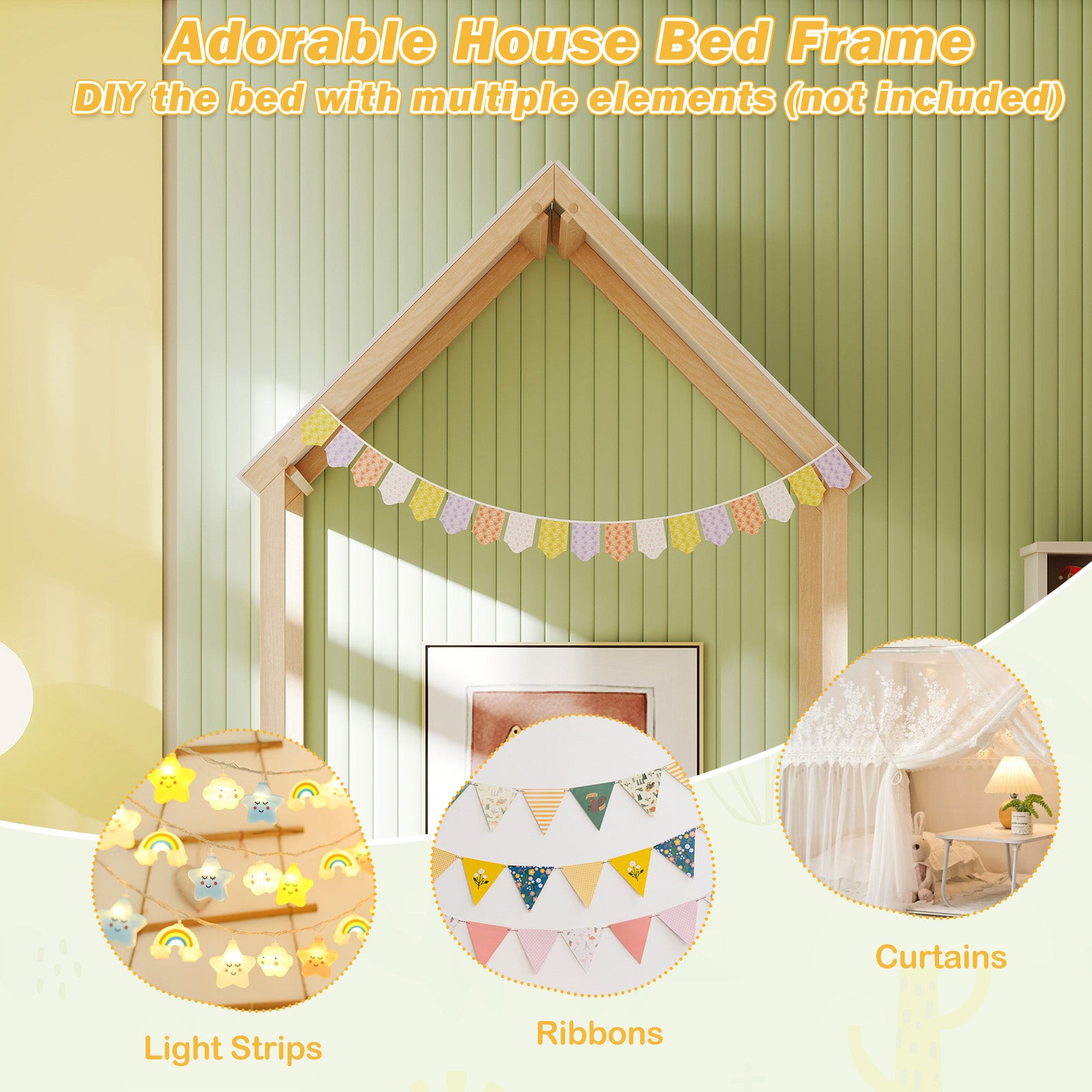 Twin Size House Bed with House Shape Roof and Semi-Fence, Natural Toddler Beds at Gallery Canada