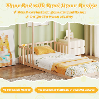 Twin Size House Bed with House Shape Roof and Semi-Fence, Natural Toddler Beds at Gallery Canada
