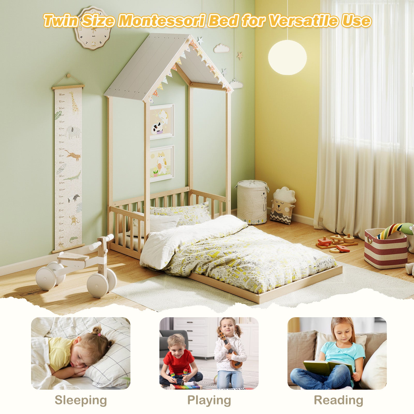 Twin Size House Bed with House Shape Roof and Semi-Fence, Natural Toddler Beds at Gallery Canada