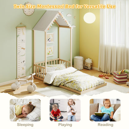 Twin Size House Bed with House Shape Roof and Semi-Fence, Natural Toddler Beds at Gallery Canada