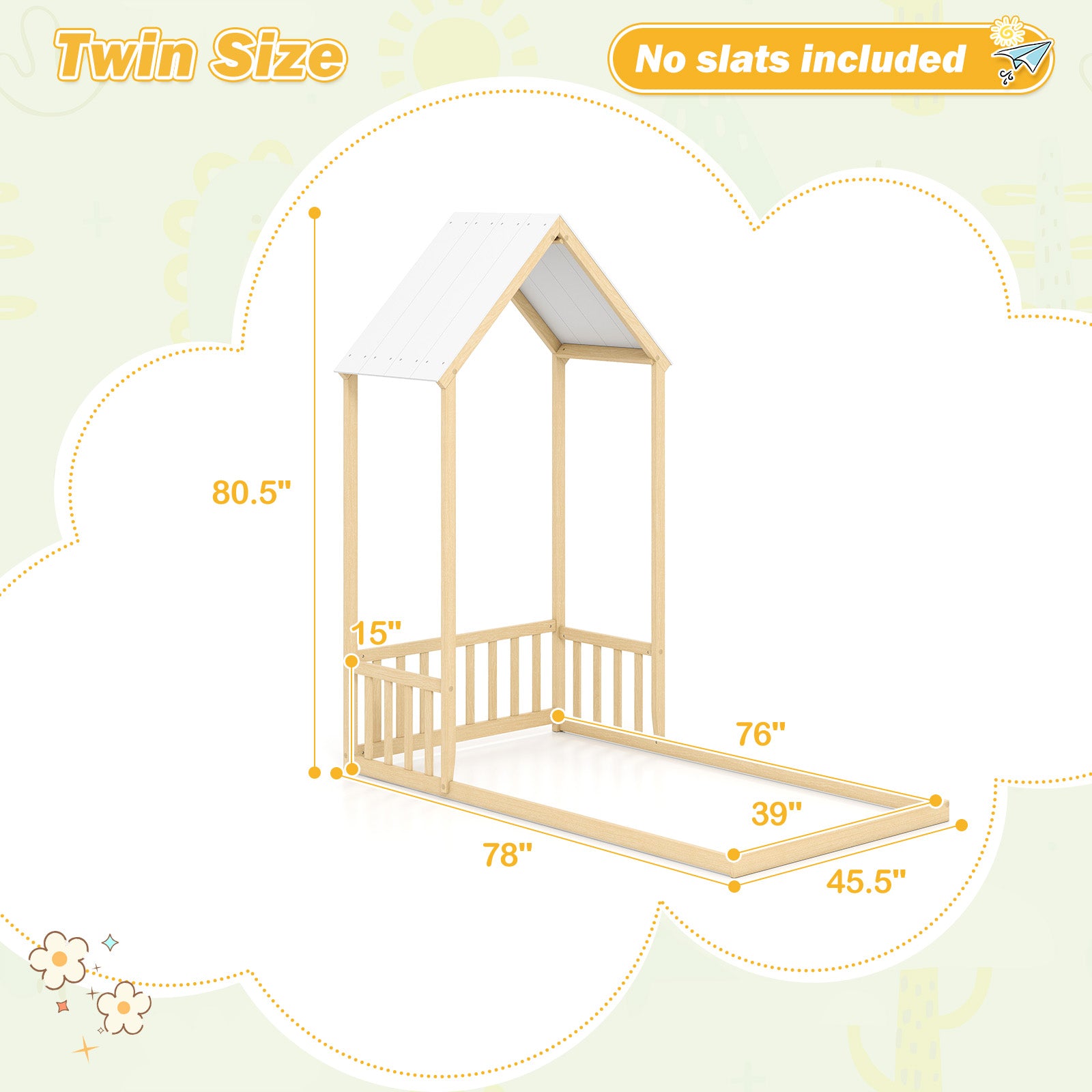 Twin Size House Bed with House Shape Roof and Semi-Fence, Natural Toddler Beds at Gallery Canada