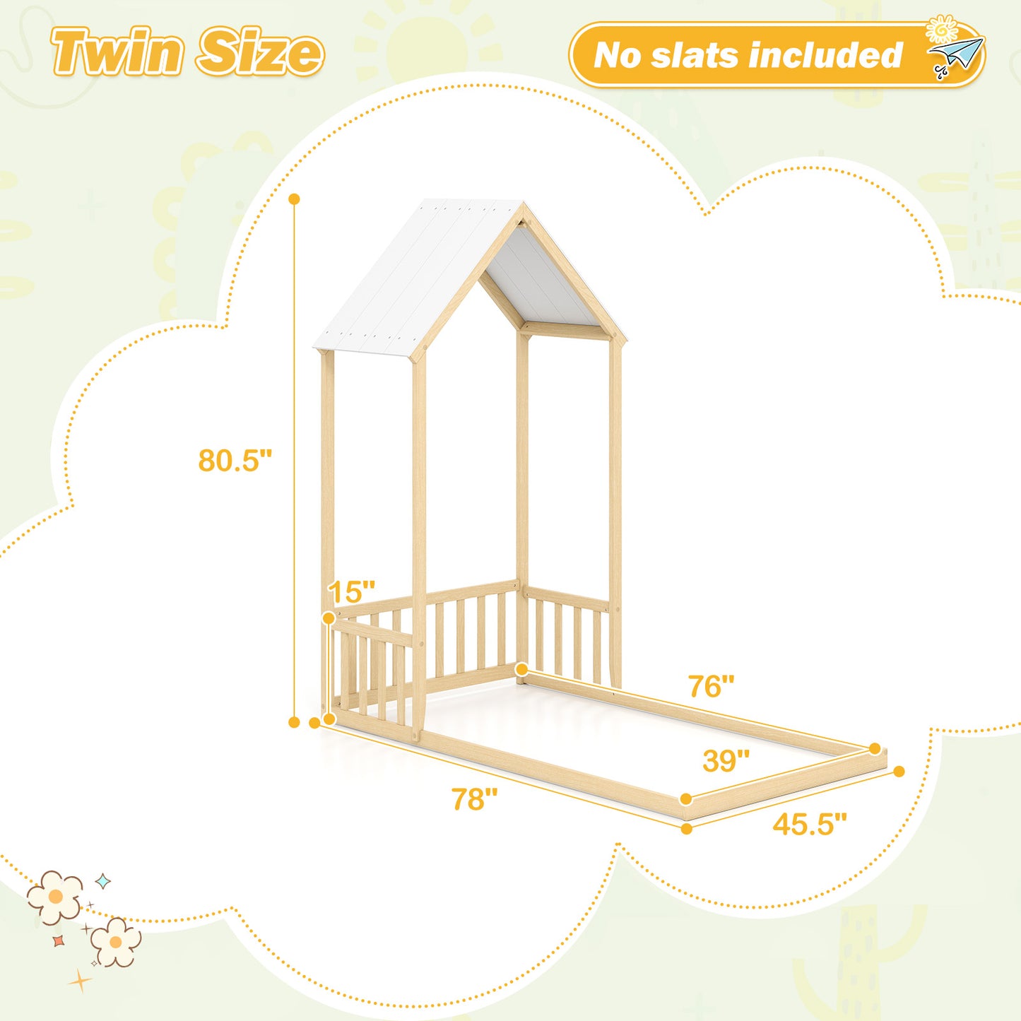 Twin Size House Bed with House Shape Roof and Semi-Fence, Natural Toddler Beds at Gallery Canada