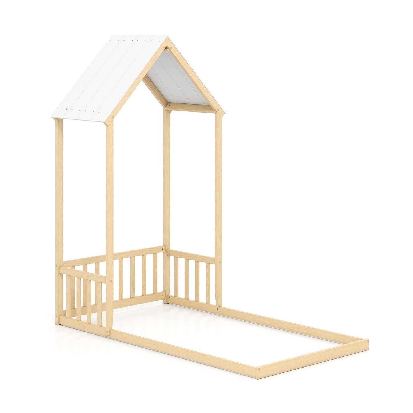 Twin Size House Bed with House Shape Roof and Semi-Fence, Natural Toddler Beds Natural at Gallery Canada