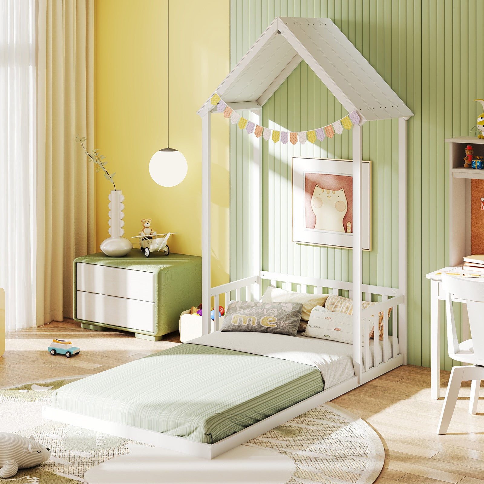 Twin Size House Bed with House Shape Roof and Semi-Fence, White Toddler Beds at Gallery Canada