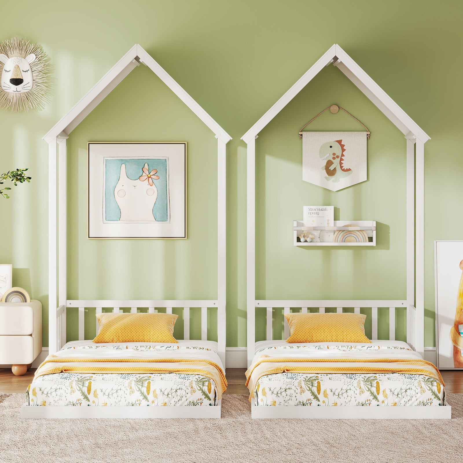 Twin Size House Bed with House Shape Roof and Semi-Fence, White Toddler Beds at Gallery Canada