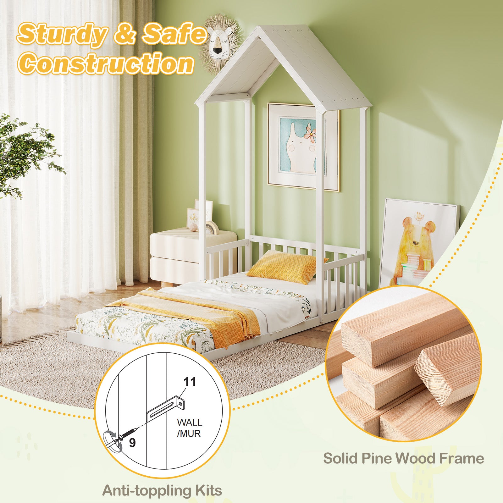 Twin Size House Bed with House Shape Roof and Semi-Fence, White Toddler Beds at Gallery Canada