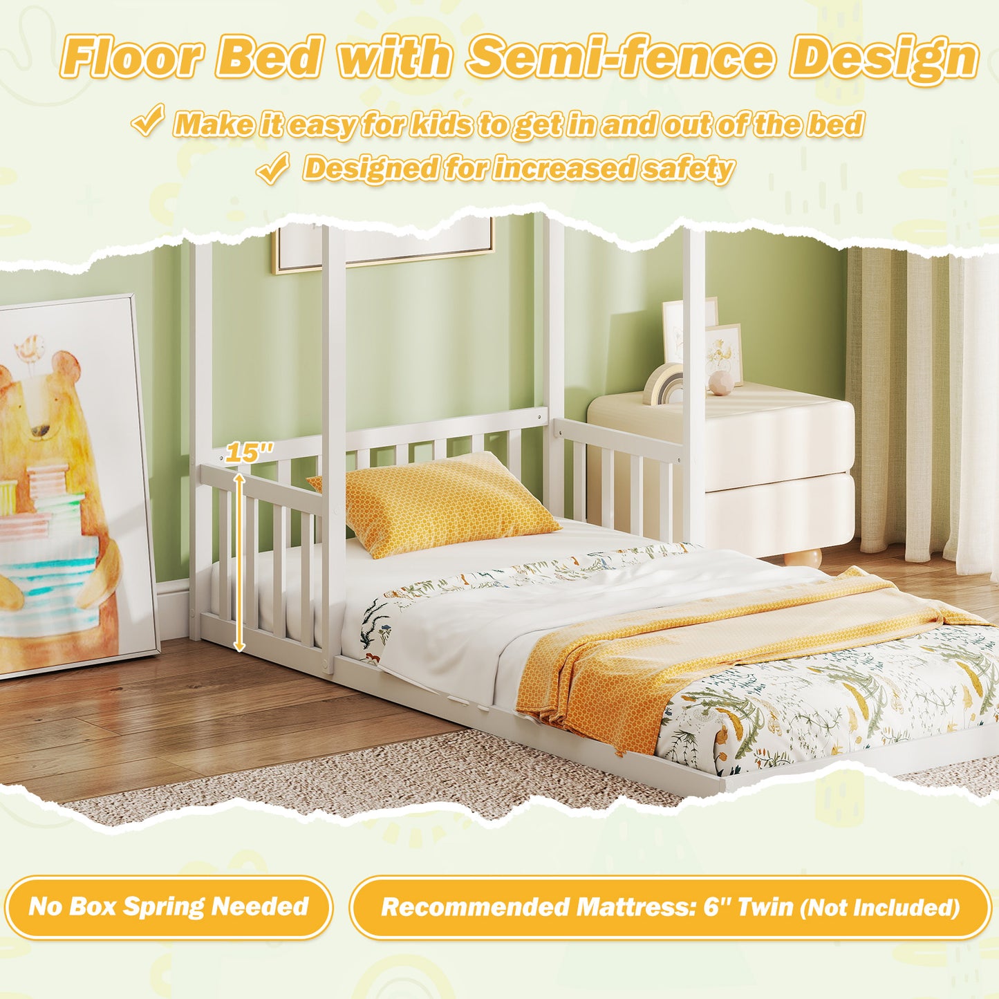 Twin Size House Bed with House Shape Roof and Semi-Fence, White Toddler Beds at Gallery Canada