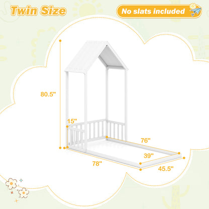 Twin Size House Bed with House Shape Roof and Semi-Fence, White Toddler Beds at Gallery Canada