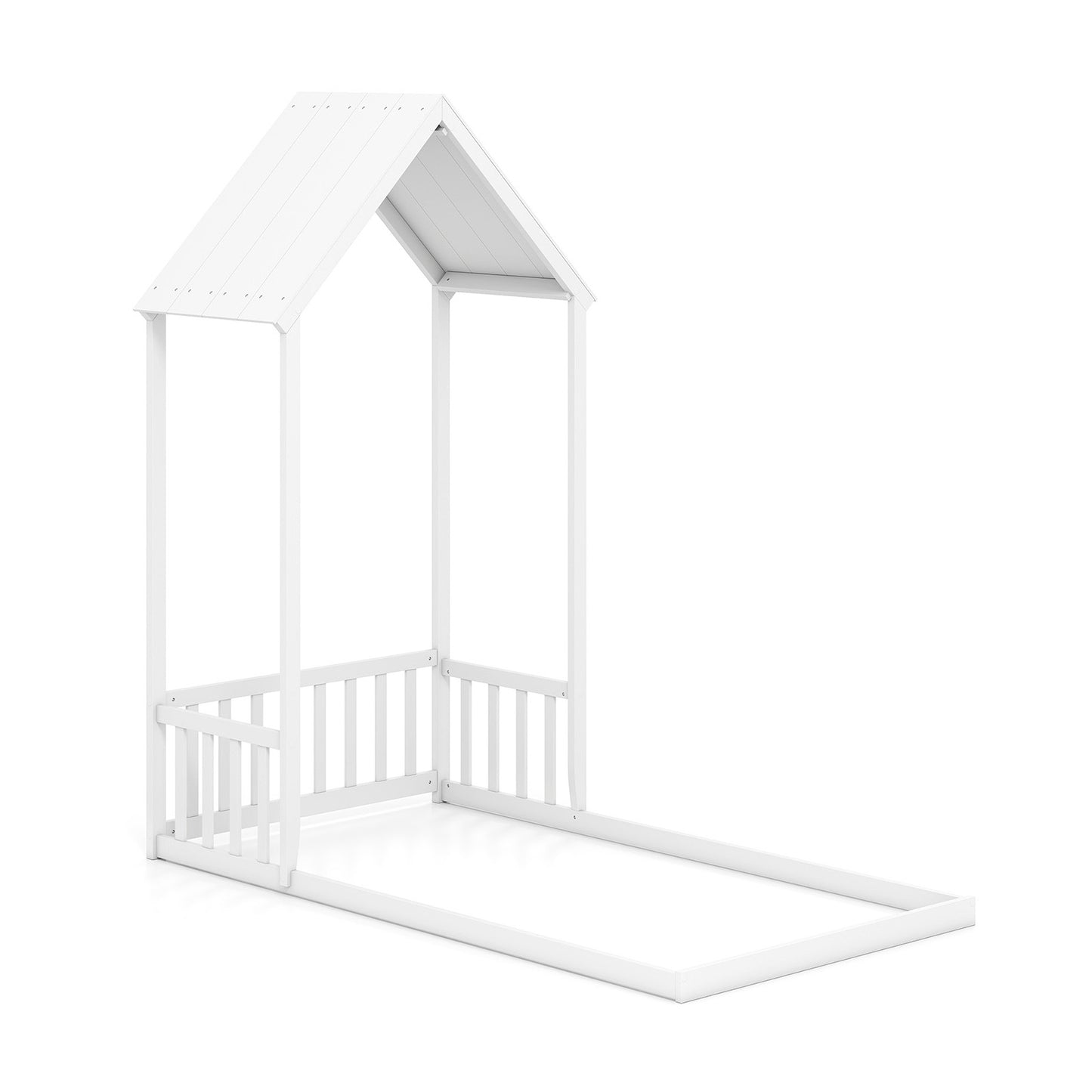Twin Size House Bed with House Shape Roof and Semi-Fence, White Toddler Beds White at Gallery Canada