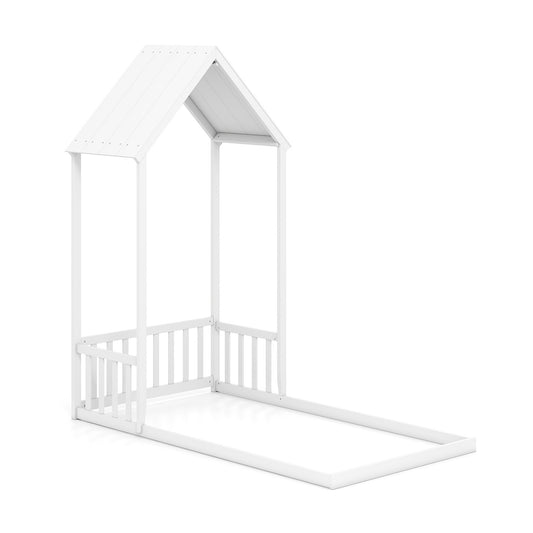 Twin Size House Bed with House Shape Roof and Semi-Fence, White Toddler Beds White at Gallery Canada