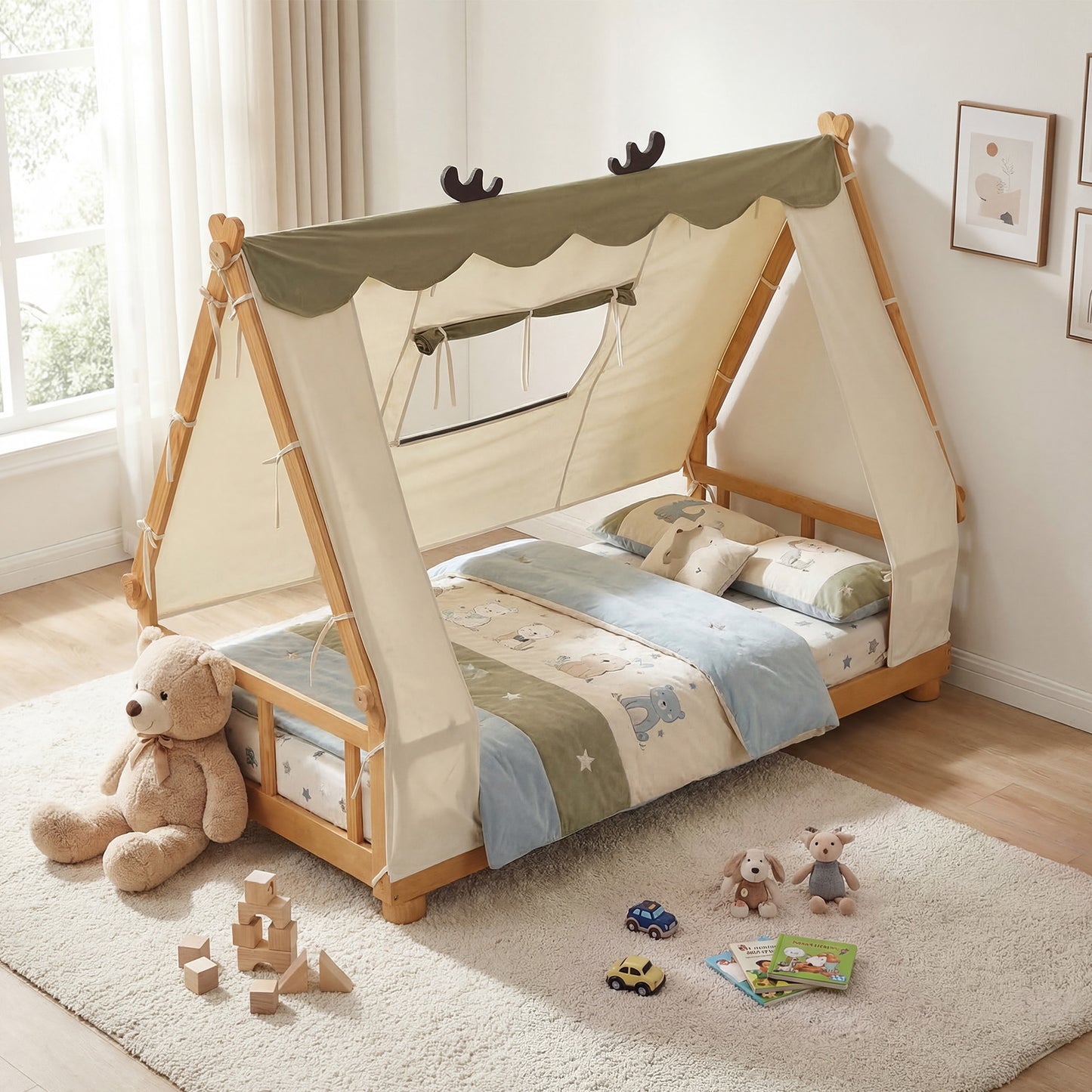 Twin Size Wood Bed With Tent, Natural Simple Bed Frame at Gallery Canada