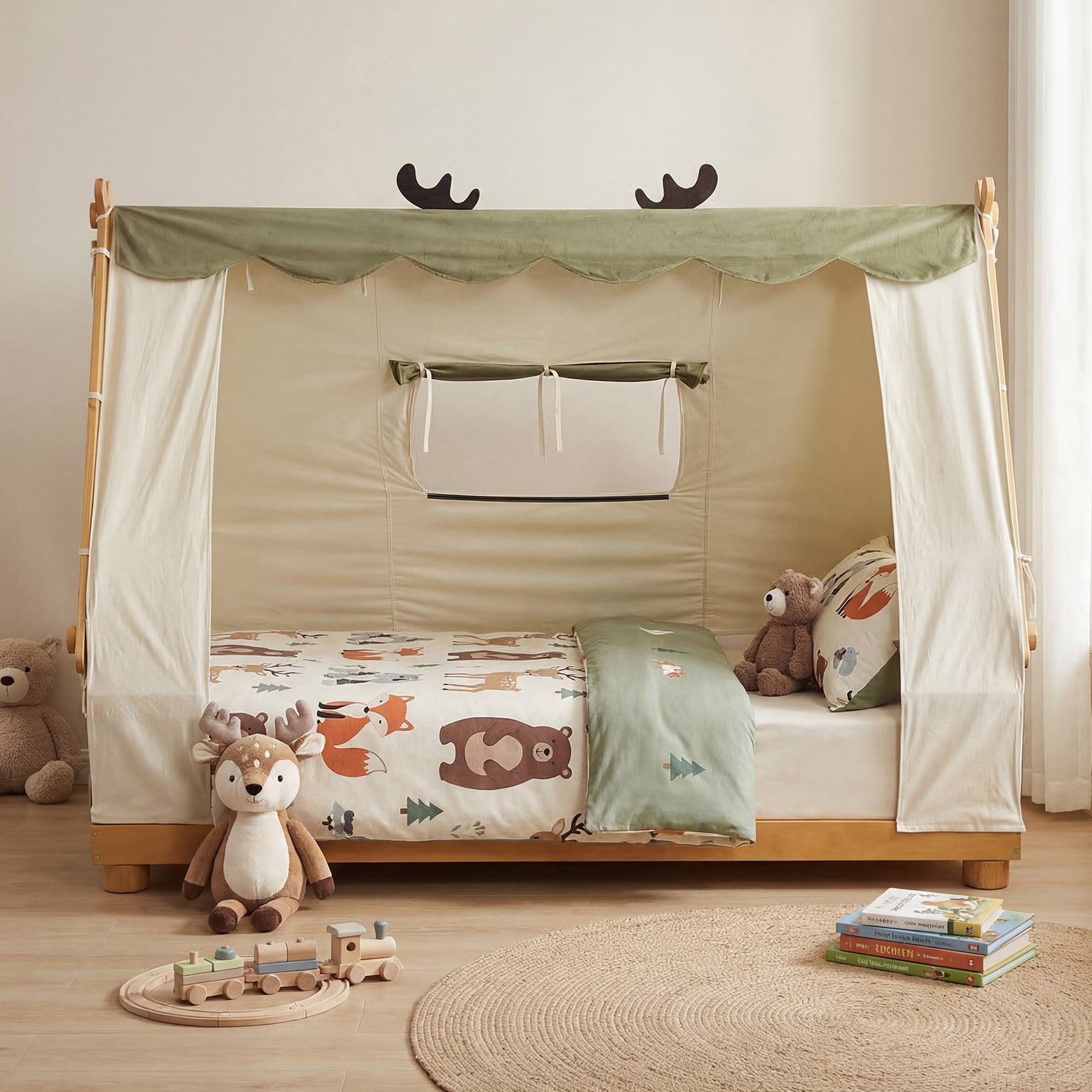 Twin Size Wood Bed With Tent, Natural Simple Bed Frame at Gallery Canada