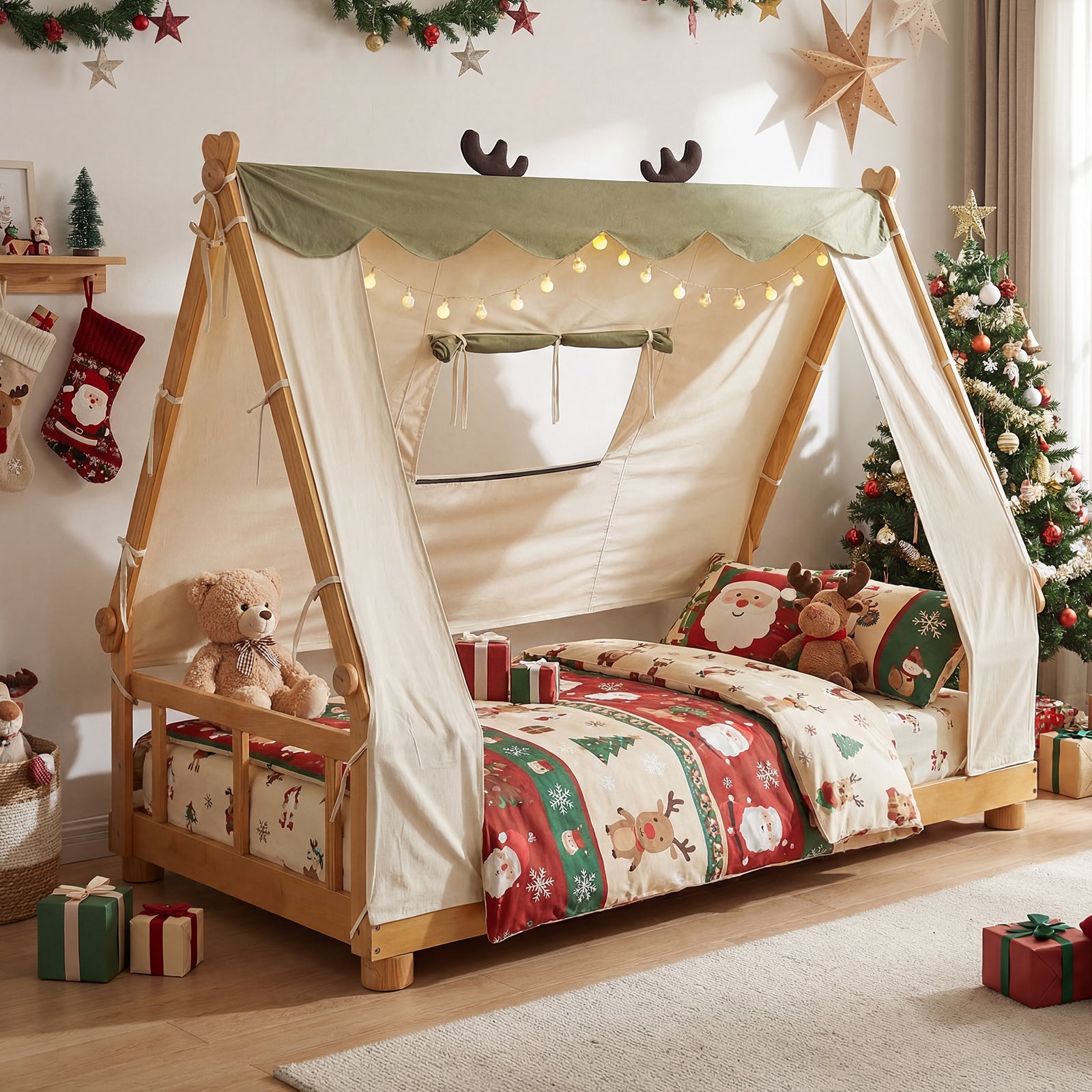 Twin Size Wood Bed With Tent, Natural Simple Bed Frame at Gallery Canada