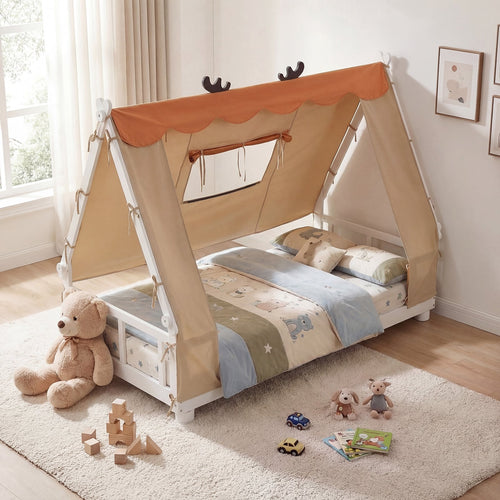 Twin Size Wood Floor Bed With Tent, White