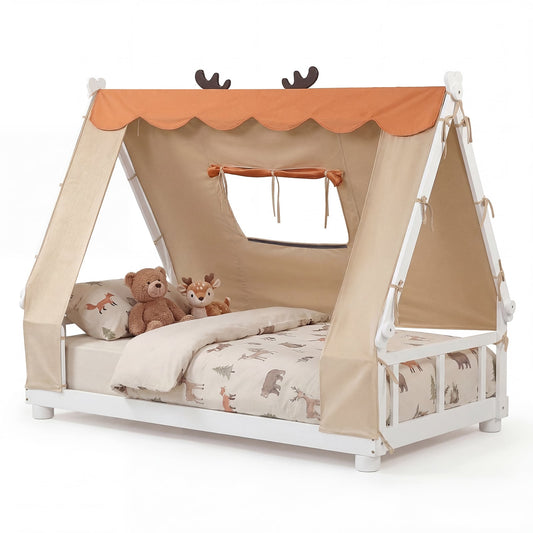 Twin Size Wood Floor Bed With Tent, White Simple Bed Frame White at Gallery Canada