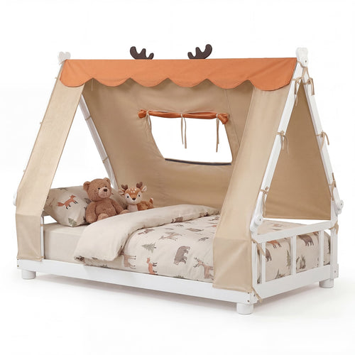 Twin Size Wood Floor Bed With Tent, White