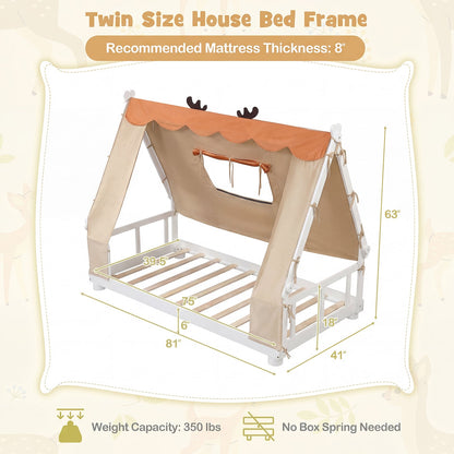 Twin Size Wood Floor Bed With Tent, White Simple Bed Frame at Gallery Canada