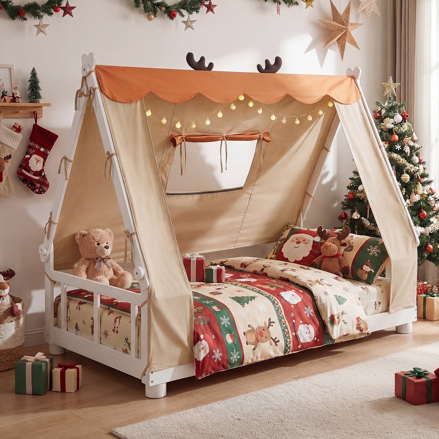 Twin Size Wood Floor Bed With Tent, White Simple Bed Frame at Gallery Canada