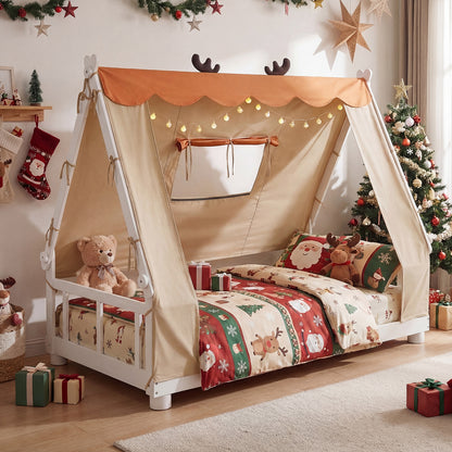 Twin Size Wood Floor Bed With Tent, White Simple Bed Frame at Gallery Canada