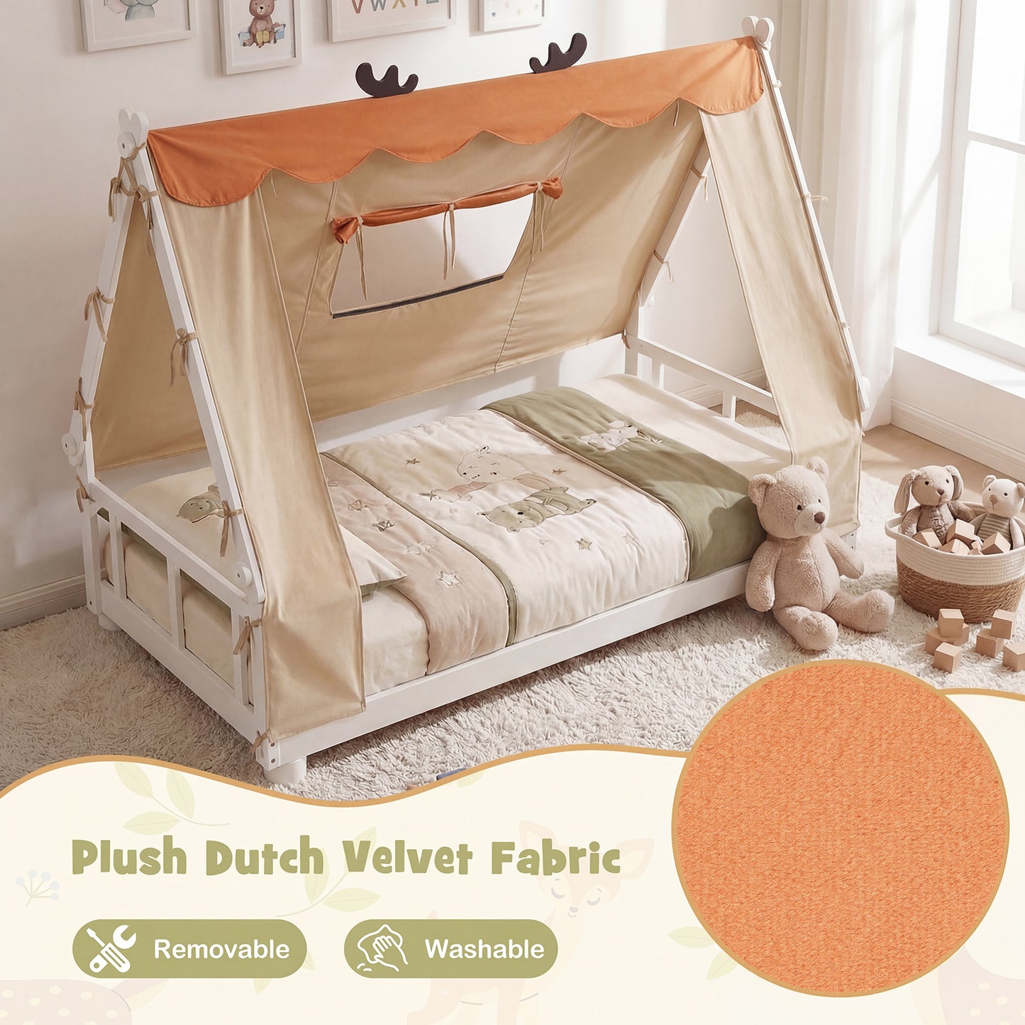 Twin Size Wood Floor Bed With Tent, White Simple Bed Frame at Gallery Canada