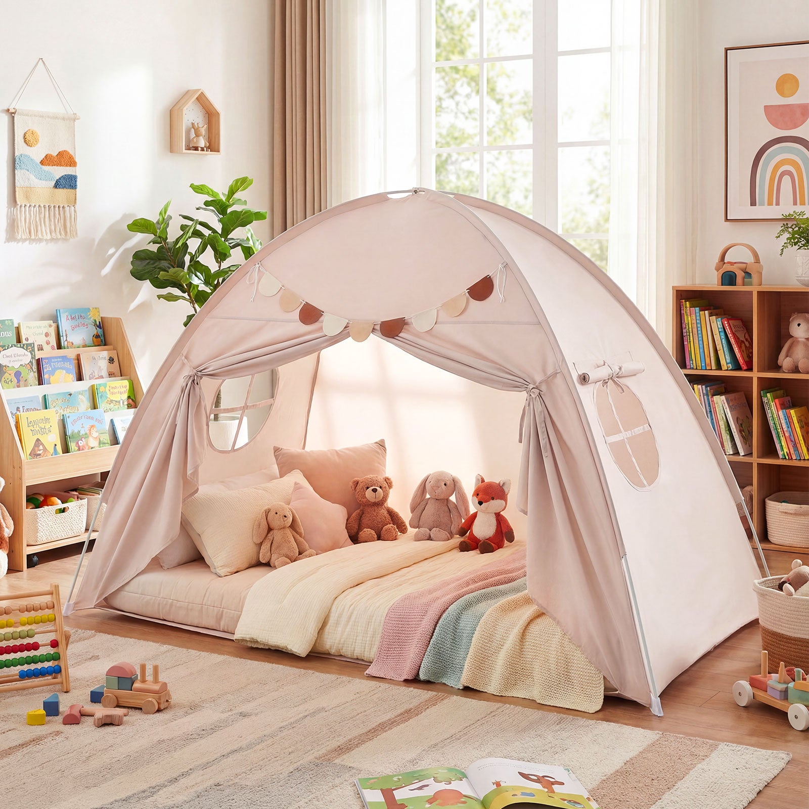 Twin Size Indoor Canopy Tent for Kids with 2 Window and Suits 3+, Beige Play Tents & Playhouse at Gallery Canada