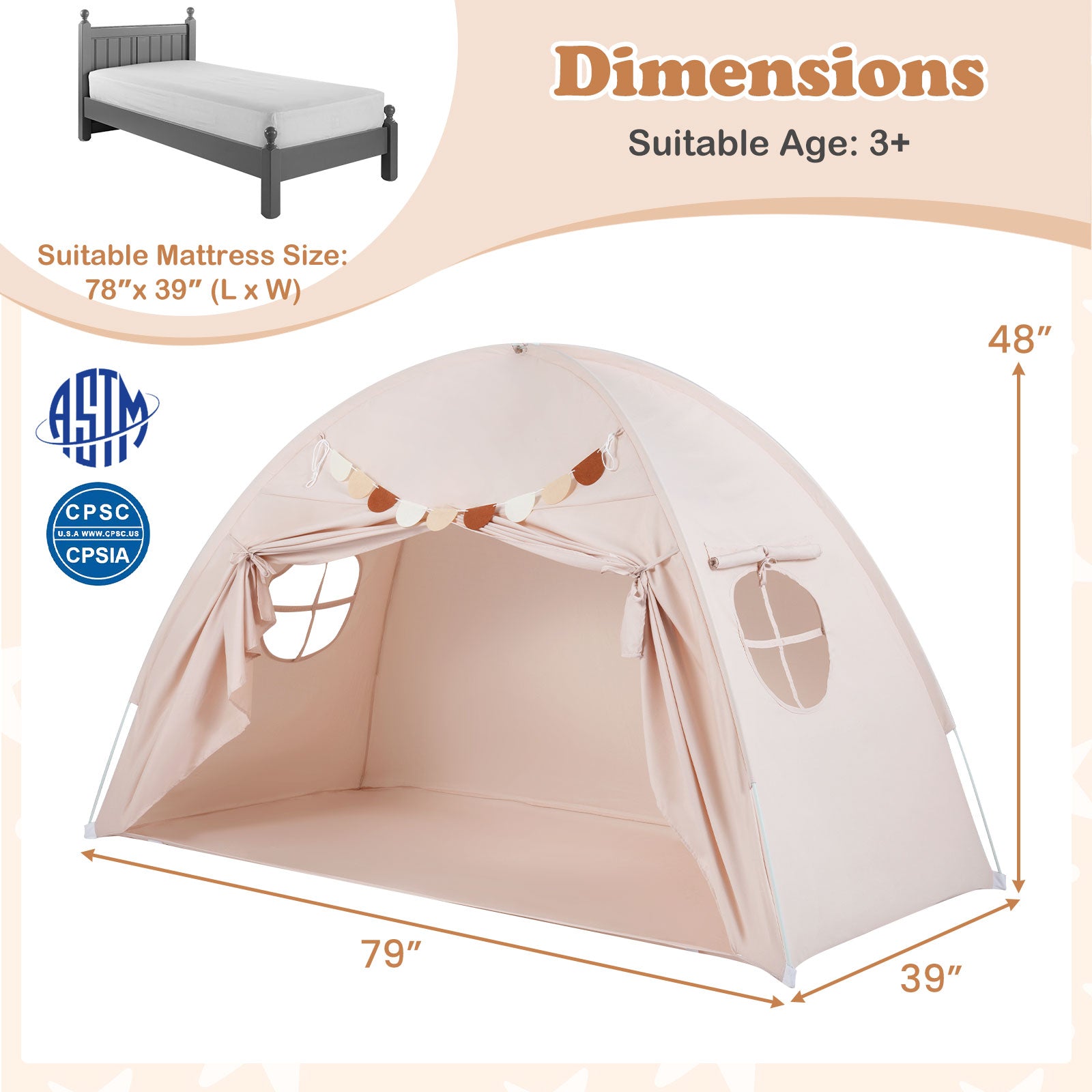 Twin Size Indoor Canopy Tent for Kids with 2 Window and Suits 3+, Beige Play Tents & Playhouse at Gallery Canada