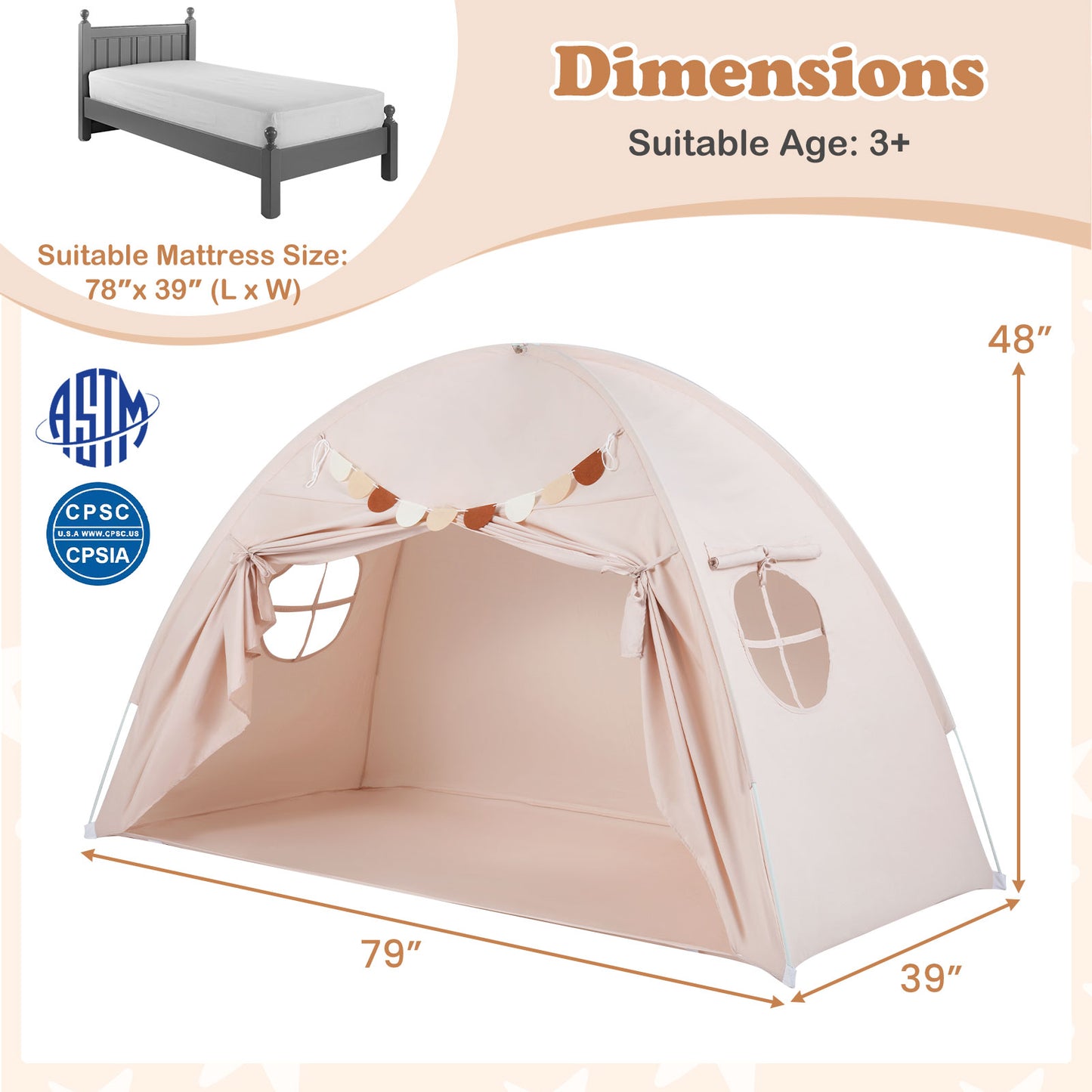 Twin Size Indoor Canopy Tent for Kids with 2 Window and Suits 3+, Beige Play Tents & Playhouse at Gallery Canada