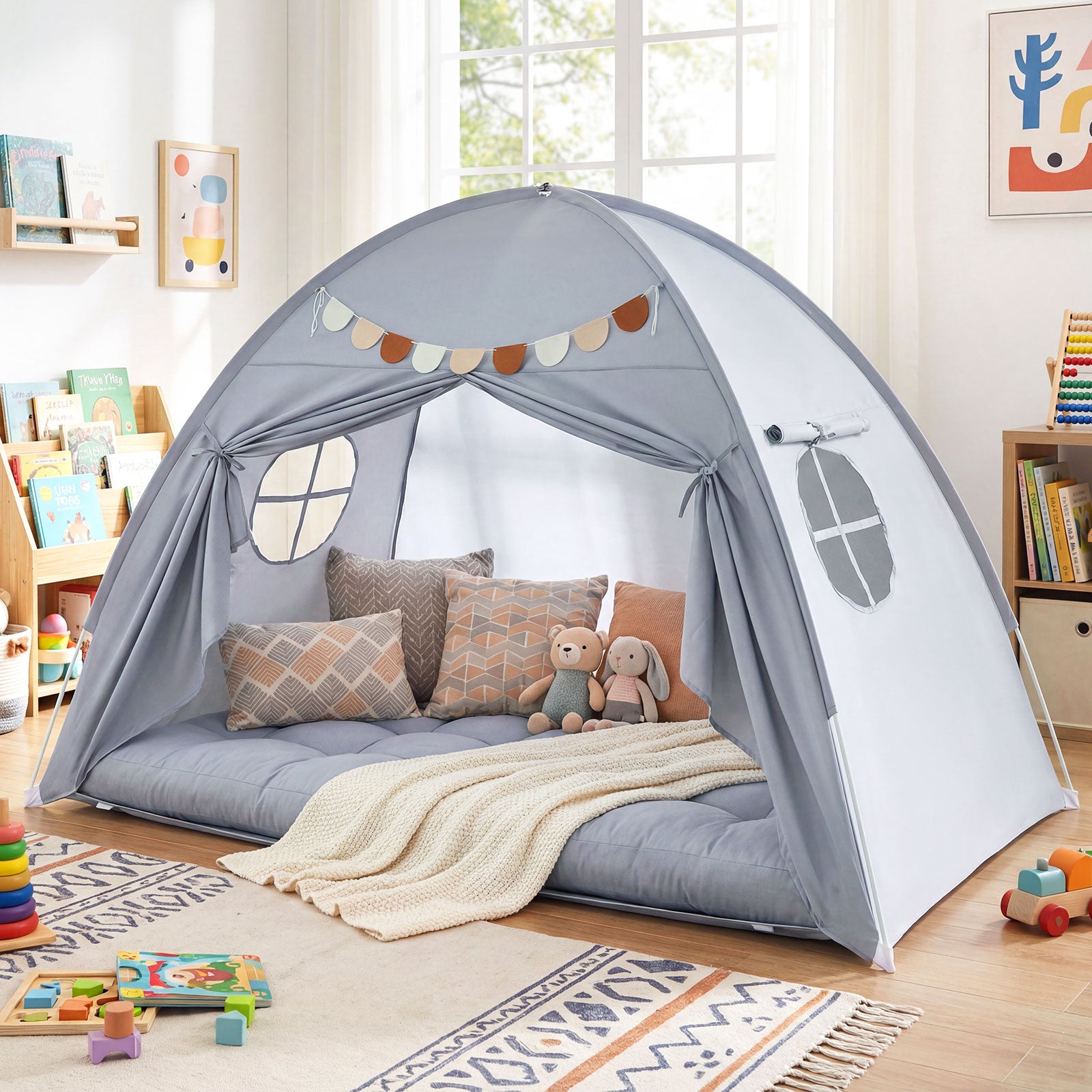 Twin Size Indoor Canopy Tent for Kids with 2 Window and Suits 3+-Grey, Gray Play Tents & Playhouse at Gallery Canada