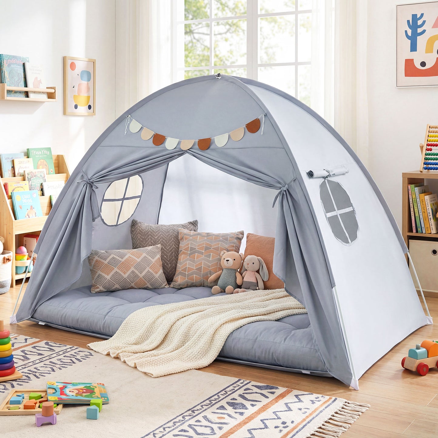 Twin Size Indoor Canopy Tent for Kids with 2 Window and Suits 3+-Grey, Gray Play Tents & Playhouse at Gallery Canada