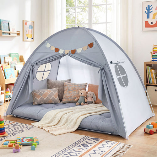 Twin Size Indoor Canopy Tent for Kids with 2 Window and Suits 3+-Grey, Gray