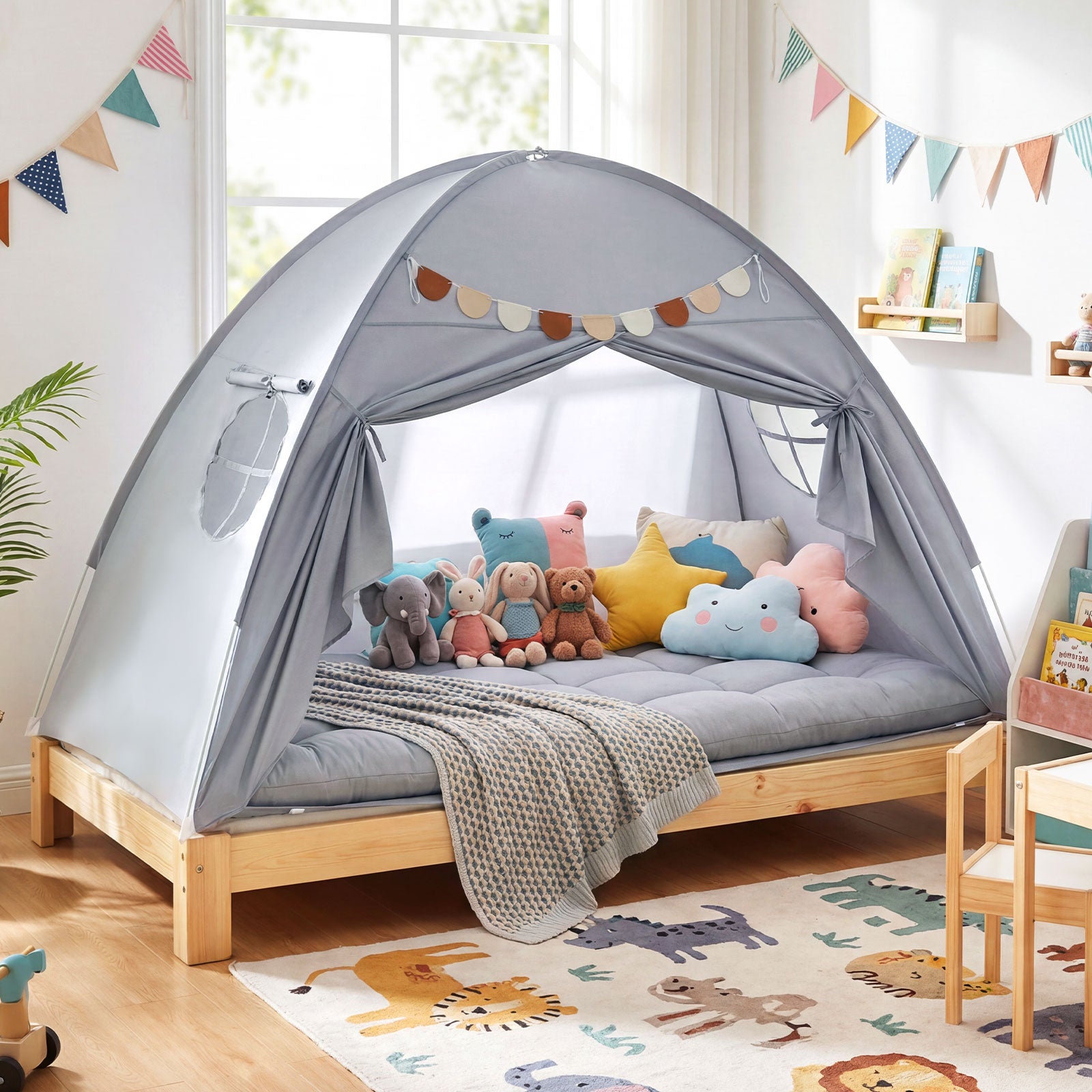 Twin Size Indoor Canopy Tent for Kids with 2 Window and Suits 3+-Grey, Gray Play Tents & Playhouse at Gallery Canada